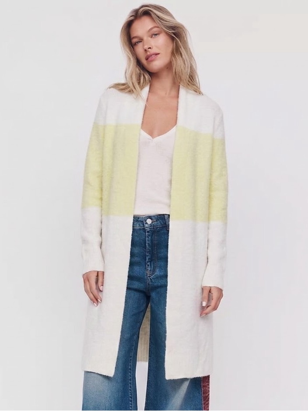 Anthropologie LTD Open Front Yellow/White Wool Blend Cardigan Sweater Size Small